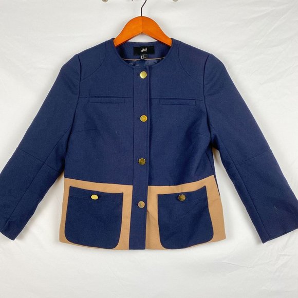 Color Block Navy Blue Camel Tan H&M Blazer Jacket Size 6 - Picture 1 of 9